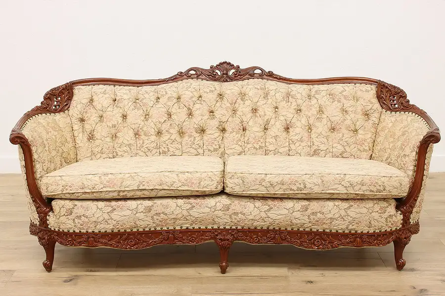 Main image of French Design Vintage Carved Birch Sofa or Couch, Flowers