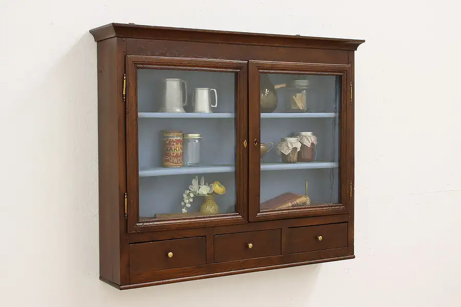 Main image of Farmhouse Antique Oak Wall Medicine or Display Cabinet