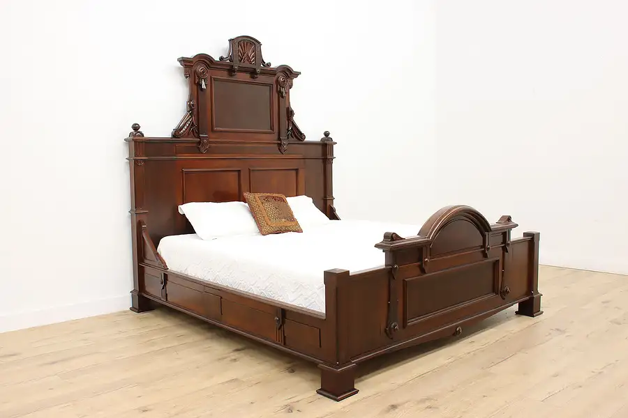 Main image of Victorian Eastlake Antique Carved Walnut & Burl King Bed