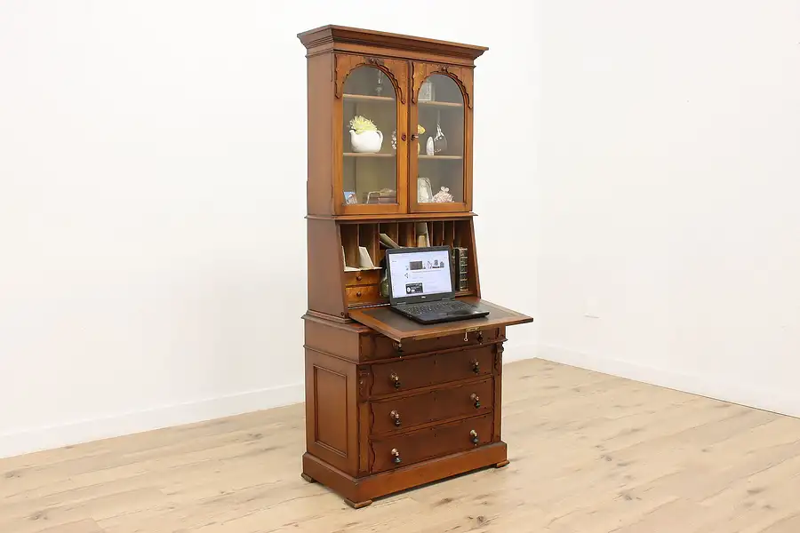 Main image of Victorian Antique Walnut & Burl Drop Front Secretary Desk