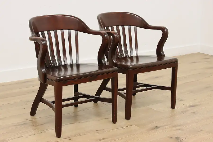 Main image of Pair of Traditional Antique Birch Banker Desk Chairs, Sikes