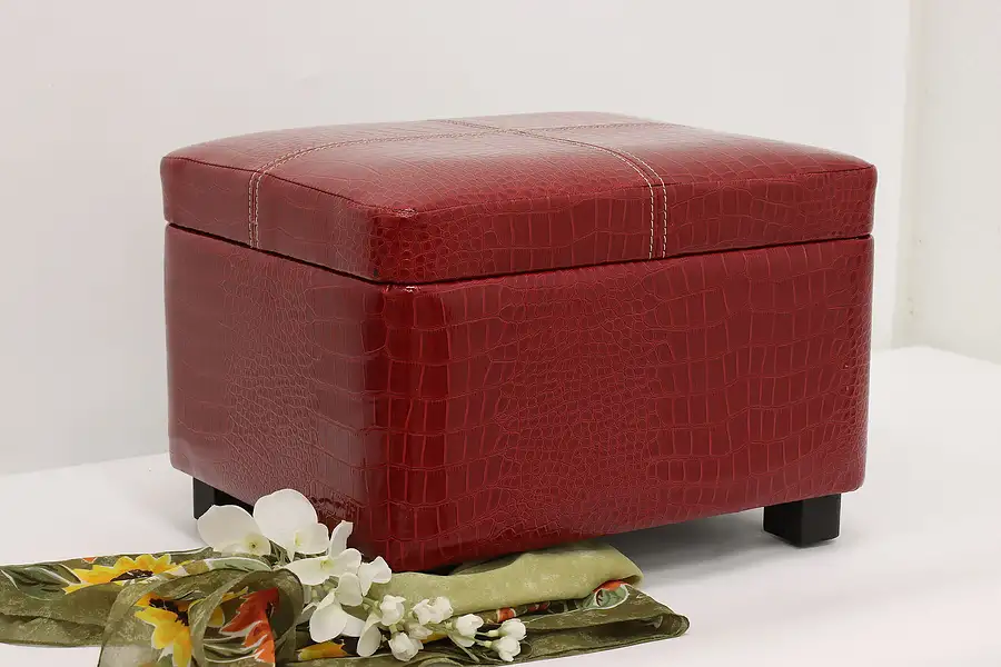 Main image of Red Vintage Faux Alligator Upholstered Footstool w/ Storage