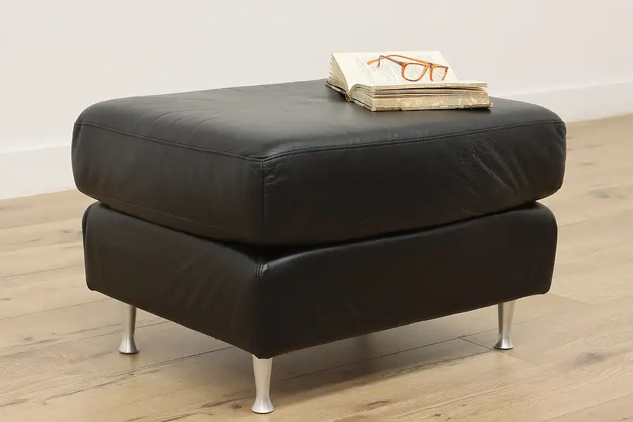 Main image of Midcentury Modern Vintage Black Leather Ottoman Small Bench