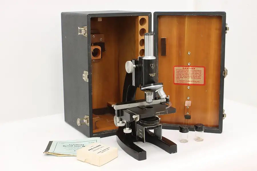 Main image of Industrial Vintage Microscope & Case, Slides, Bausch & Lomb