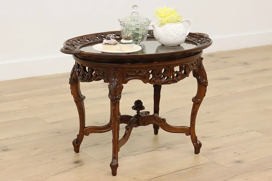 Main image of French Design Vintage Carved Walnut Coffee Table w/ Tray