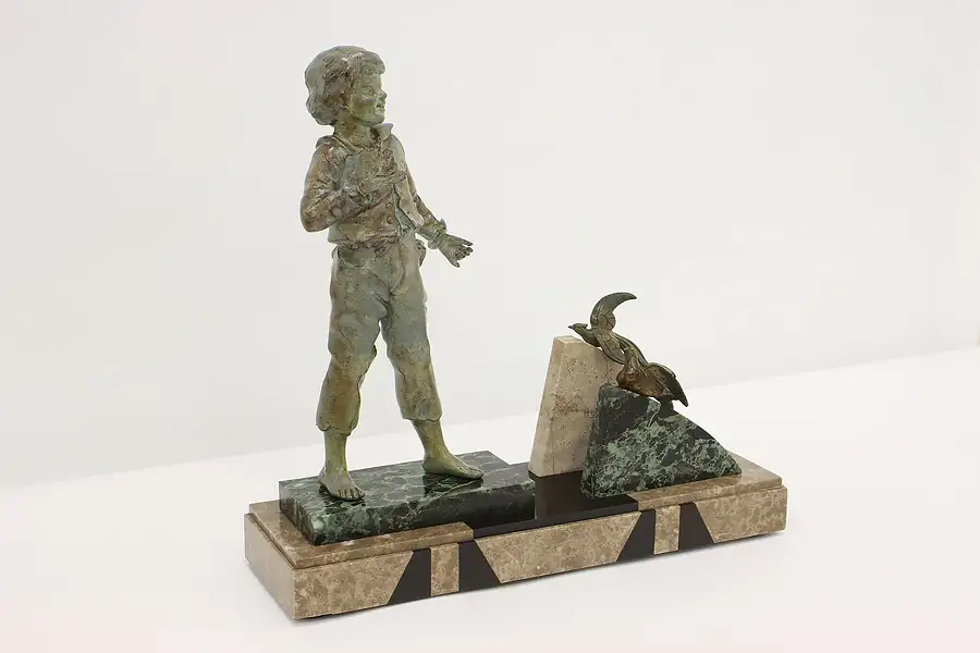 Main image of Art Deco Antique Boy & Birds Sculpture, Marble Base