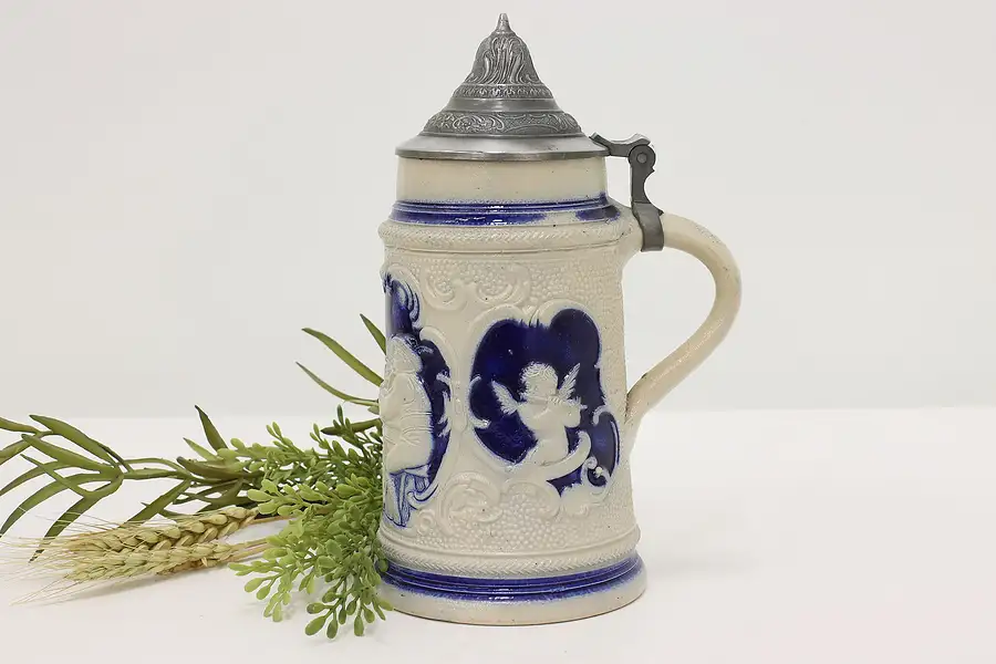 Main image of German Antique Farmhouse Painted Ceramic Beer Stein, Cherubs