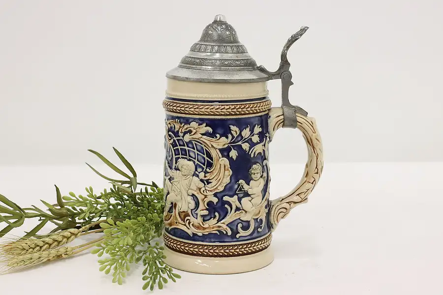 Main image of German Antique 1/2 Liter Painted Ceramic Beer Stein or Mug