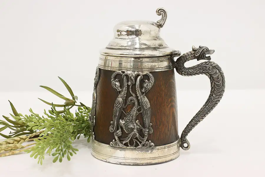 Main image of Dragons Antique Silverplate & Oak Beer Stein, St. Louis