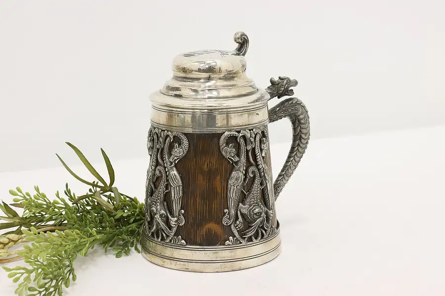 Main image of Farmhouse Antique Silverplate & Oak Beer Stein, Dragons