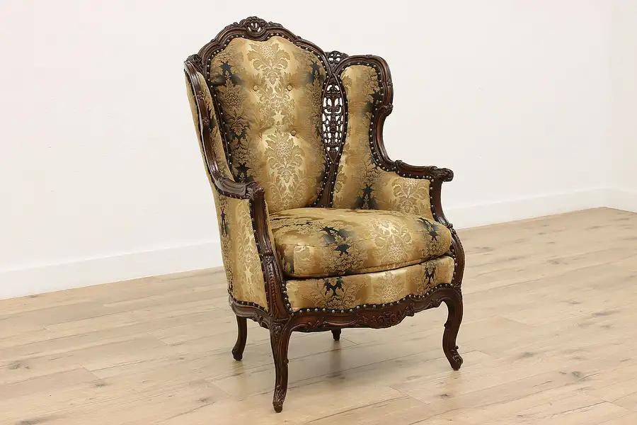 Main image of French Design Vintage Carved Birch Wing Chair, Flowers