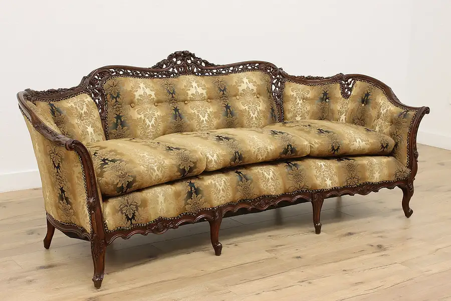 Main image of French Design Vintage Carved Birch Sofa or Couch, Flowers