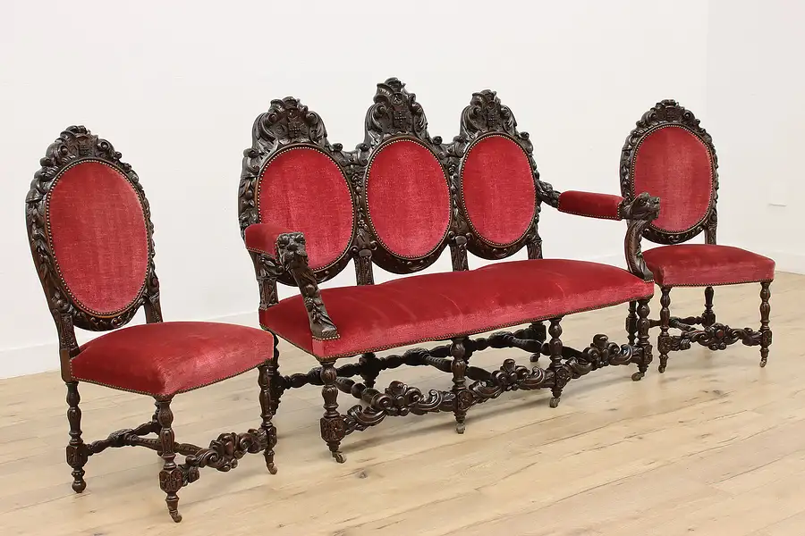 Main image of Victorian Antique 3pc Sofa & Chairs Set, Carved Walrus Arms