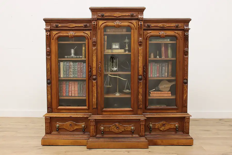 Main image of Victorian Antique Walnut Burl Library Office Triple Bookcase