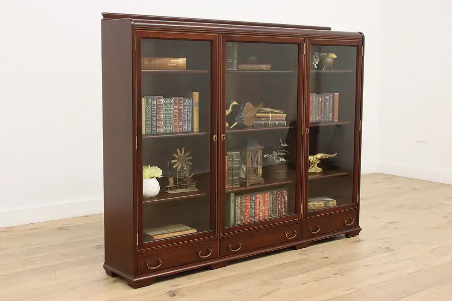 Main image of Mahogany Inlaid Banding Antique Triple Bookcase Wavy Glass