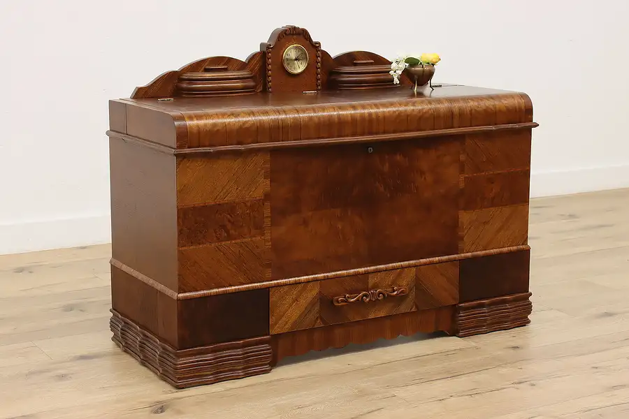 Main image of Art Deco Vintage Waterfall Walnut Blanket Chest, Clock, Lane