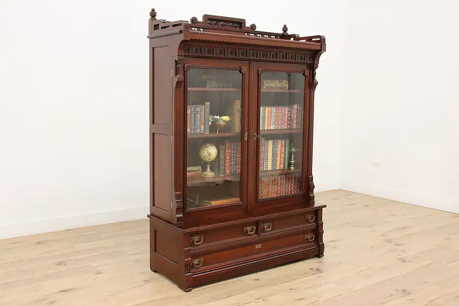 Main image of Victorian Eastlake Antique Carved Mahogany Library Bookcase