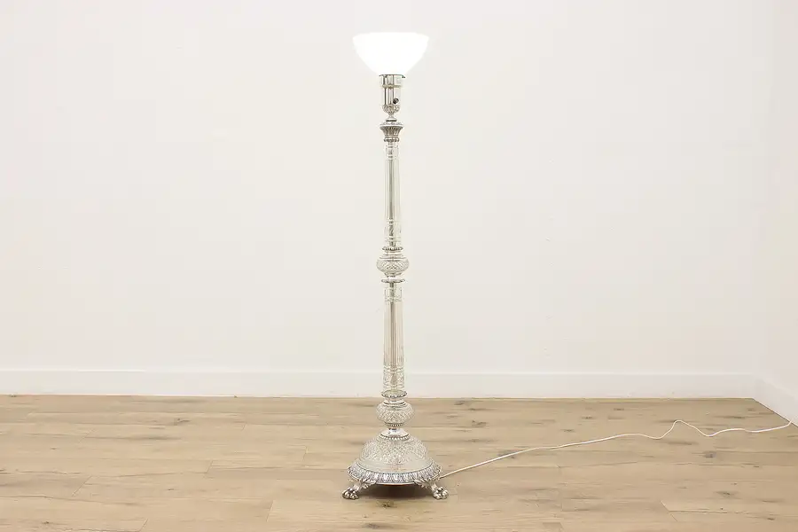 Main image of Vintage Silverplate & Crystal Torchiere Floor Lamp, Paw Feet