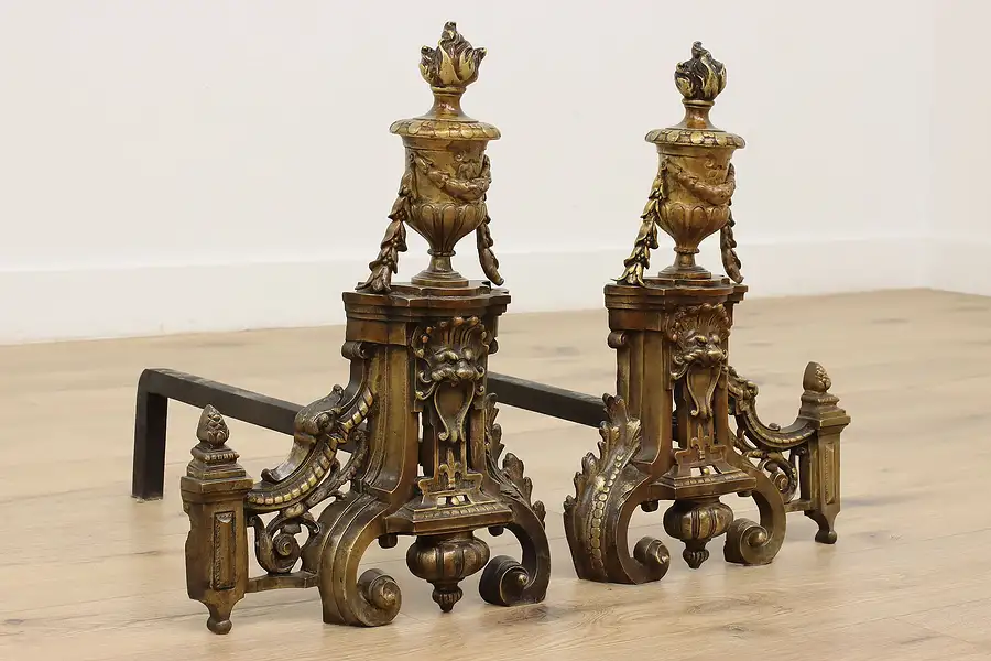 Main image of Pair of Antique Classical Brass Fireplace Andirons, Lions