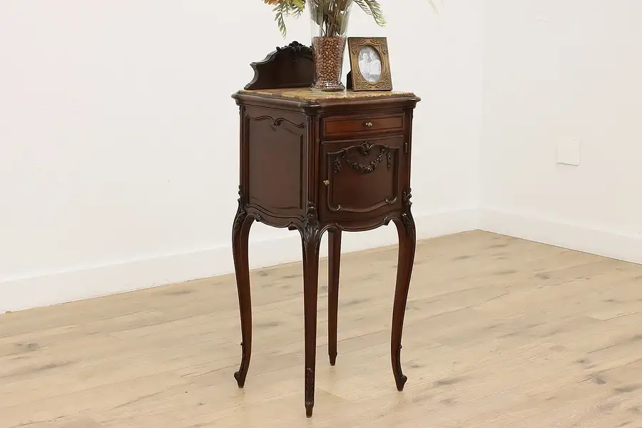 Main image of French Antique Carved Walnut Nightstand or End Table, Marble