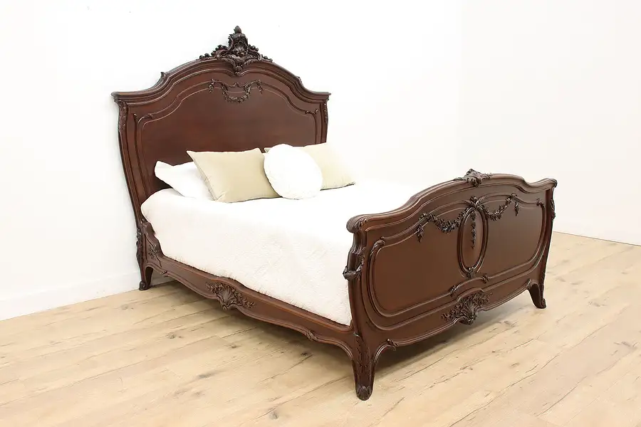 Main image of French Antique Carved Walnut Full Size Bed, Roses