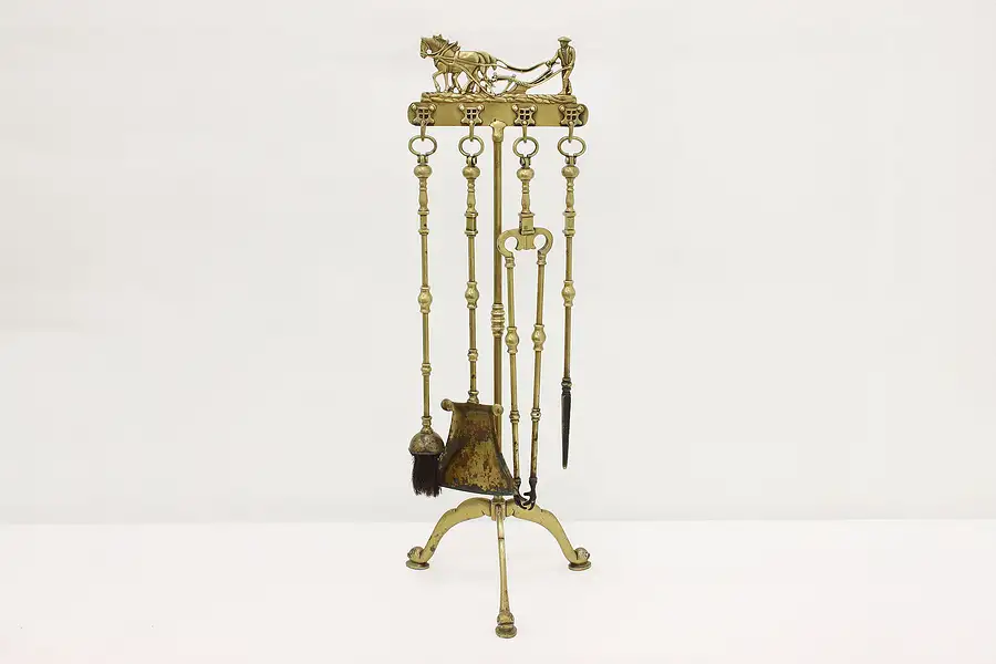 Main image of Farmhouse Antique Brass 4 pc Fireplace Tool Set, Plowman