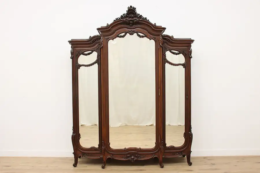 Main image of French Antique Carved Walnut Armoire or Wardrobe, Mirrors