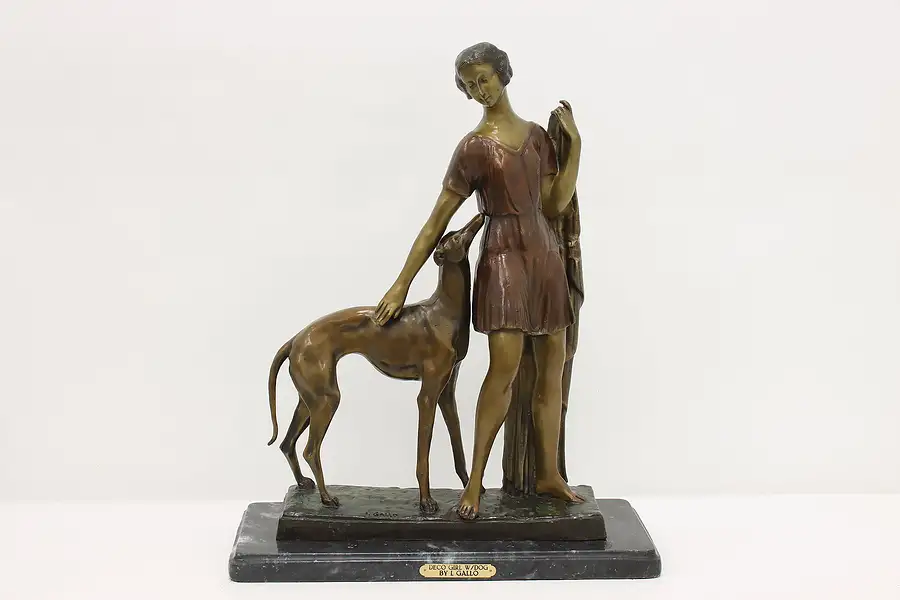 Main image of Art Deco Antique Bronze Woman & Greyhound Sculpture, Gallo