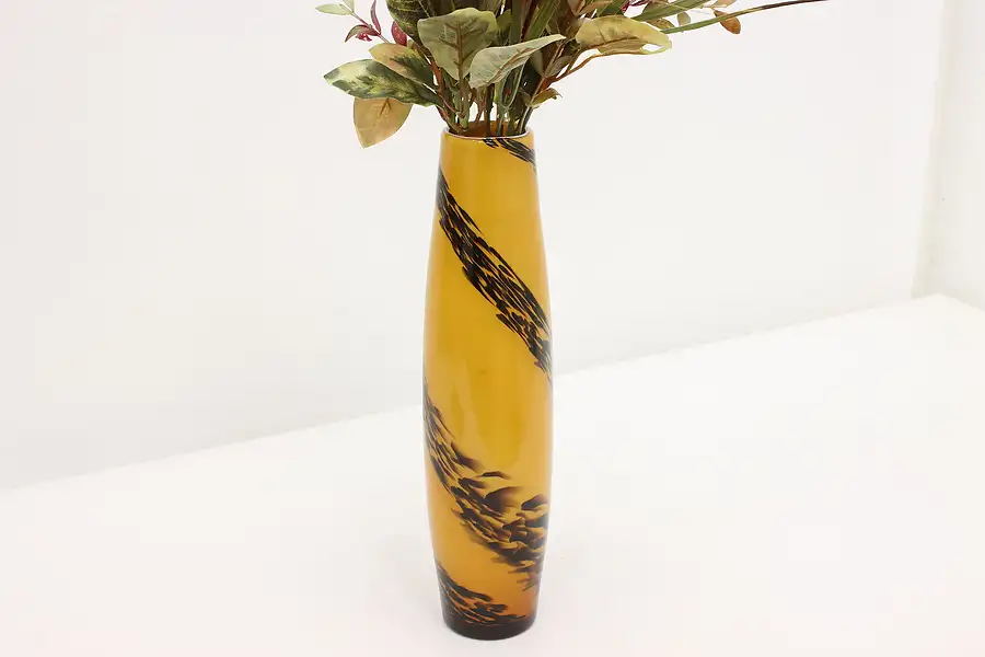 Main image of Yellow & Black Vintage Blown Art Glass Flower Vase