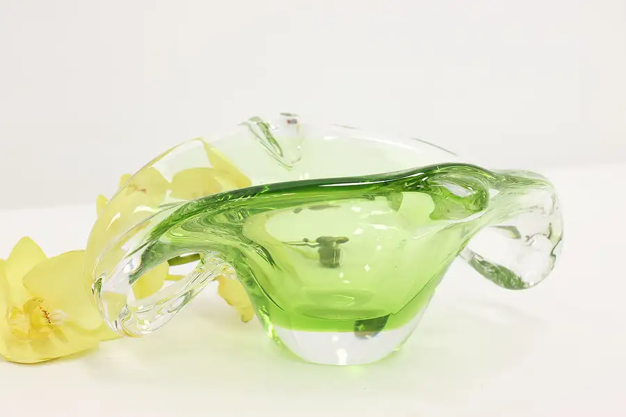 Main image of Green Art Glass Vintage Blown Centerpiece Sculpture, Signed