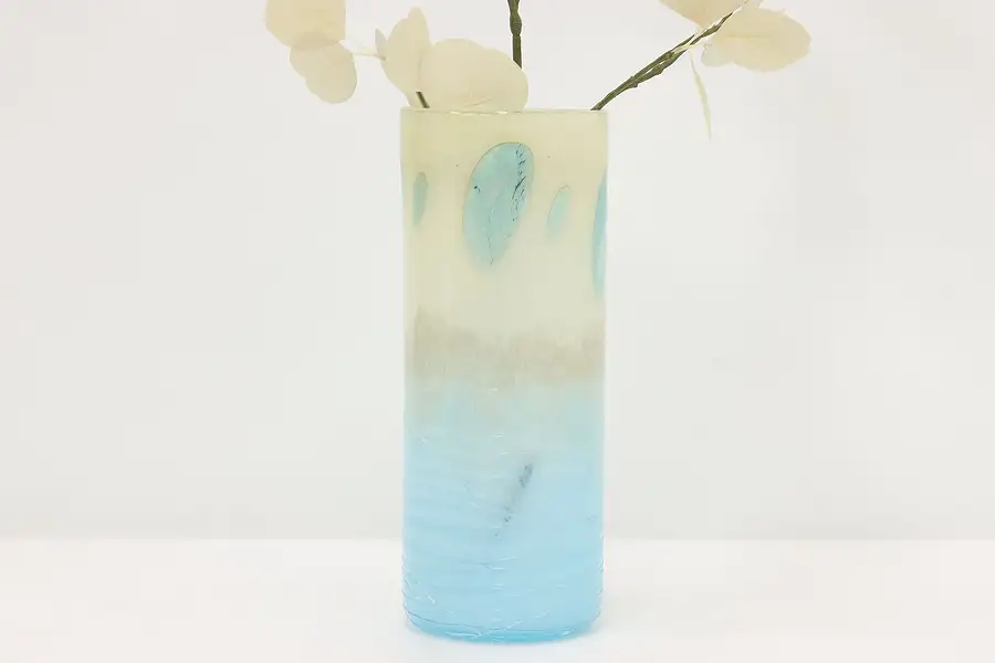 Main image of Blown Art Glass Vintage Blue & White Flower Vase