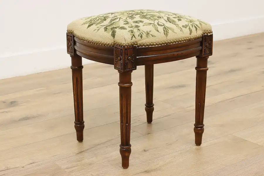 Main image of Country French Vintage Carved Walnut Footstool, Needlepoint