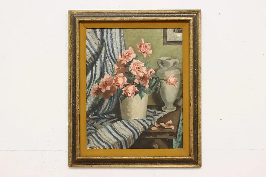 Main image of Pink Roses Still Life Original Antique Oil Painting 26"