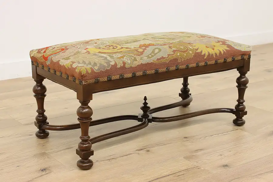 Main image of Tudor Design Antique Needlepoint & Walnut Hall Bedroom Bench