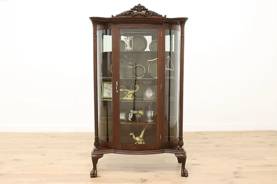 Main image of Victorian Antique Oak & Curved Glass Curio Display Cabinet