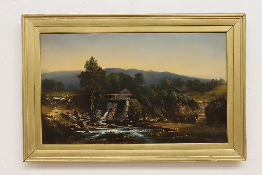 Main image of Water Mill & Mountains Antique Original Painting Crook 35.5"