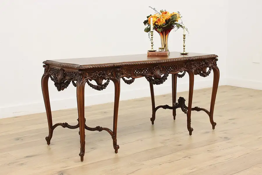 Main image of French Carved Walnut Antique Sofa or Hall Console, Roses