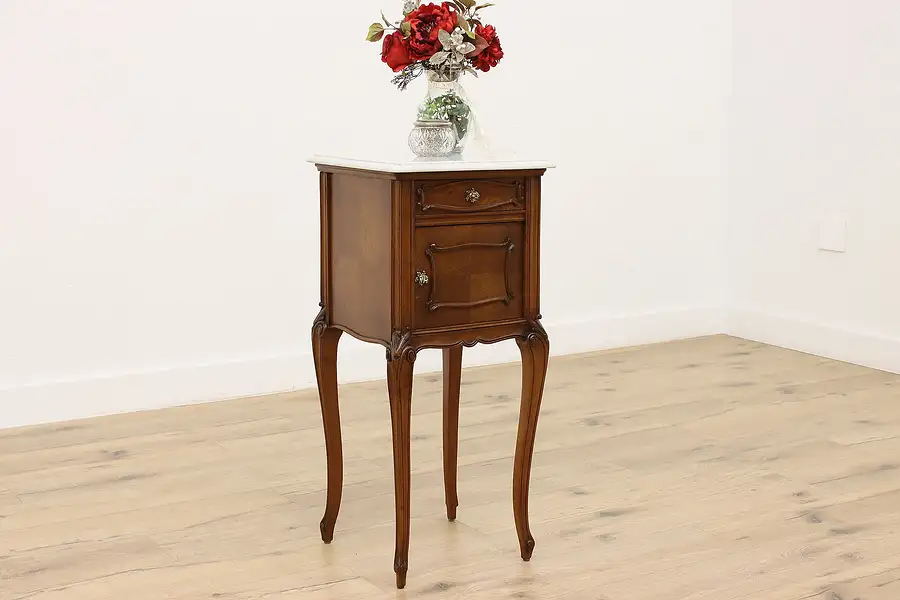 Main image of French Antique Carved Oak Nightstand or End Table Marble Top