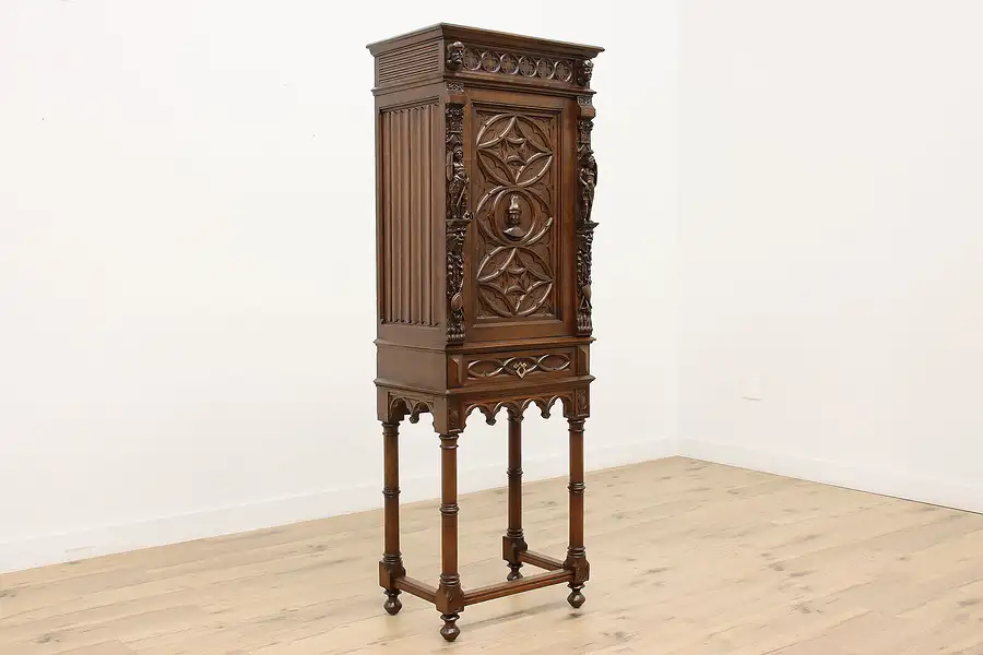 Main image of Gothic Antique Oak Bar or Hall Cabinet, Carved Figures