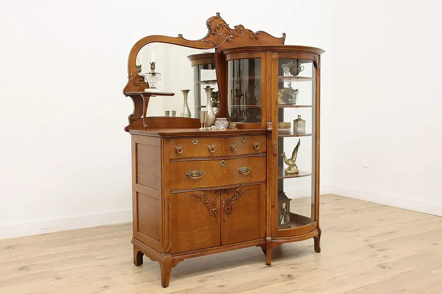 Main image of Victorian Antique Carved Oak Dresser & Bookcase, Wavy Glass