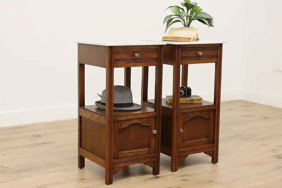 Main image of Pair of Country French Antique Oak & Marble Nightstands