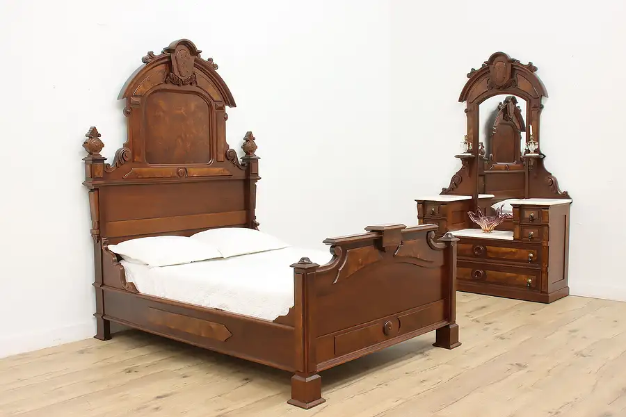 Main image of Victorian Antique Walnut Bedroom Set, Full Bed & Dresser