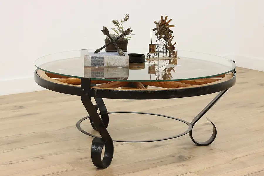 Main image of Farmhouse Antique Wagon Wheel w/ Glass Top Coffee Table