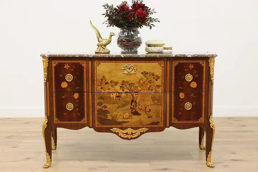 Main image of French Antique Marquetry & Marble Console, Dresser Painting