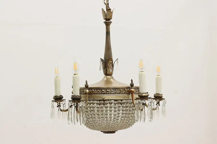 Main image of Art Deco Vintage 5 Candle Crystal Bead Basket Chandelier