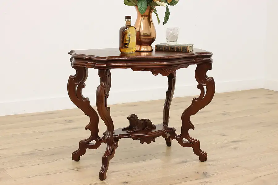 Main image of Victorian Antique Walnut Console Table, Carved Dog Sculpture