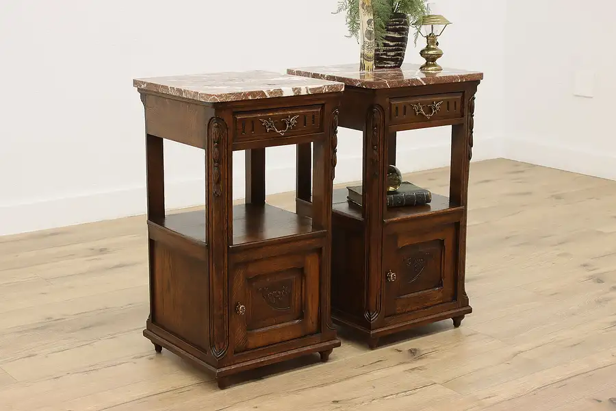 Main image of Pair of French Antique Carved Oak Nightstands, Marble Tops