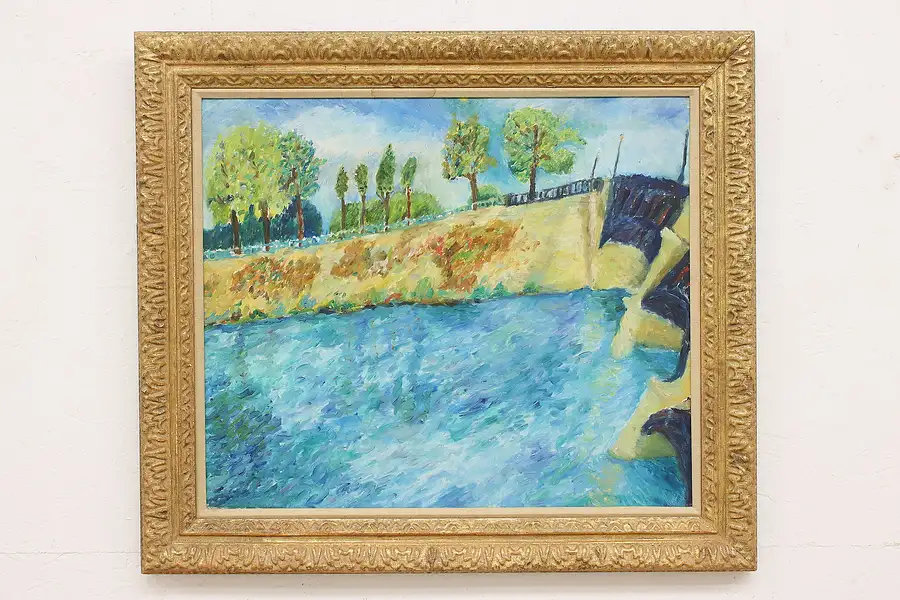 Main image of Bridge Over Lake Vintage Original Oil Painting Lane 31.5"