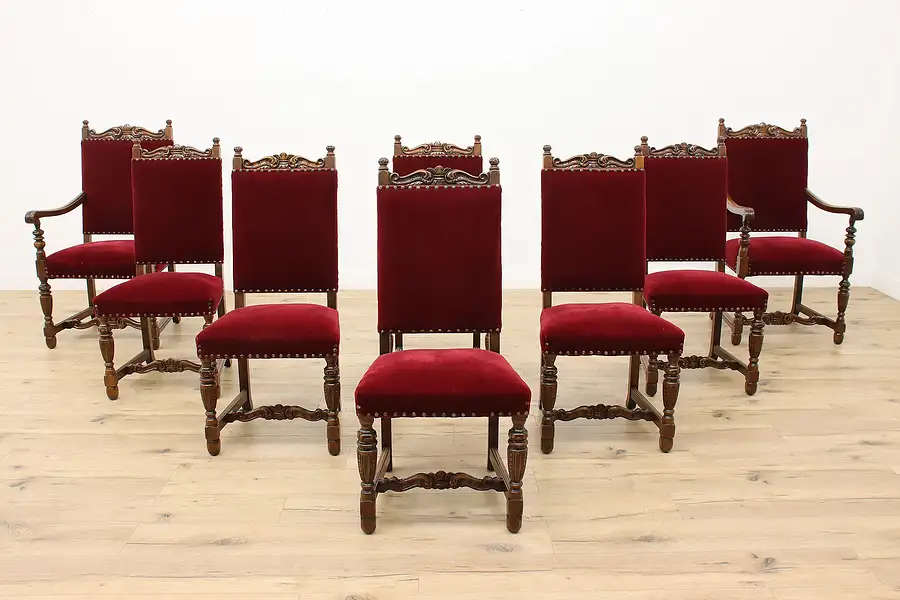 Main image of Set of 8 Tudor Design Antique Carved Dining Chairs, Velvet