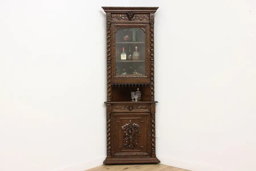 Main image of Black Forest Antique Carved Oak Corner Bar Display Cabinet